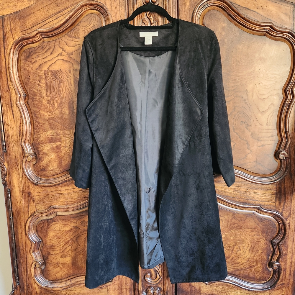 H&M Black Faux Suede Coat with Elegant Waterfall Front